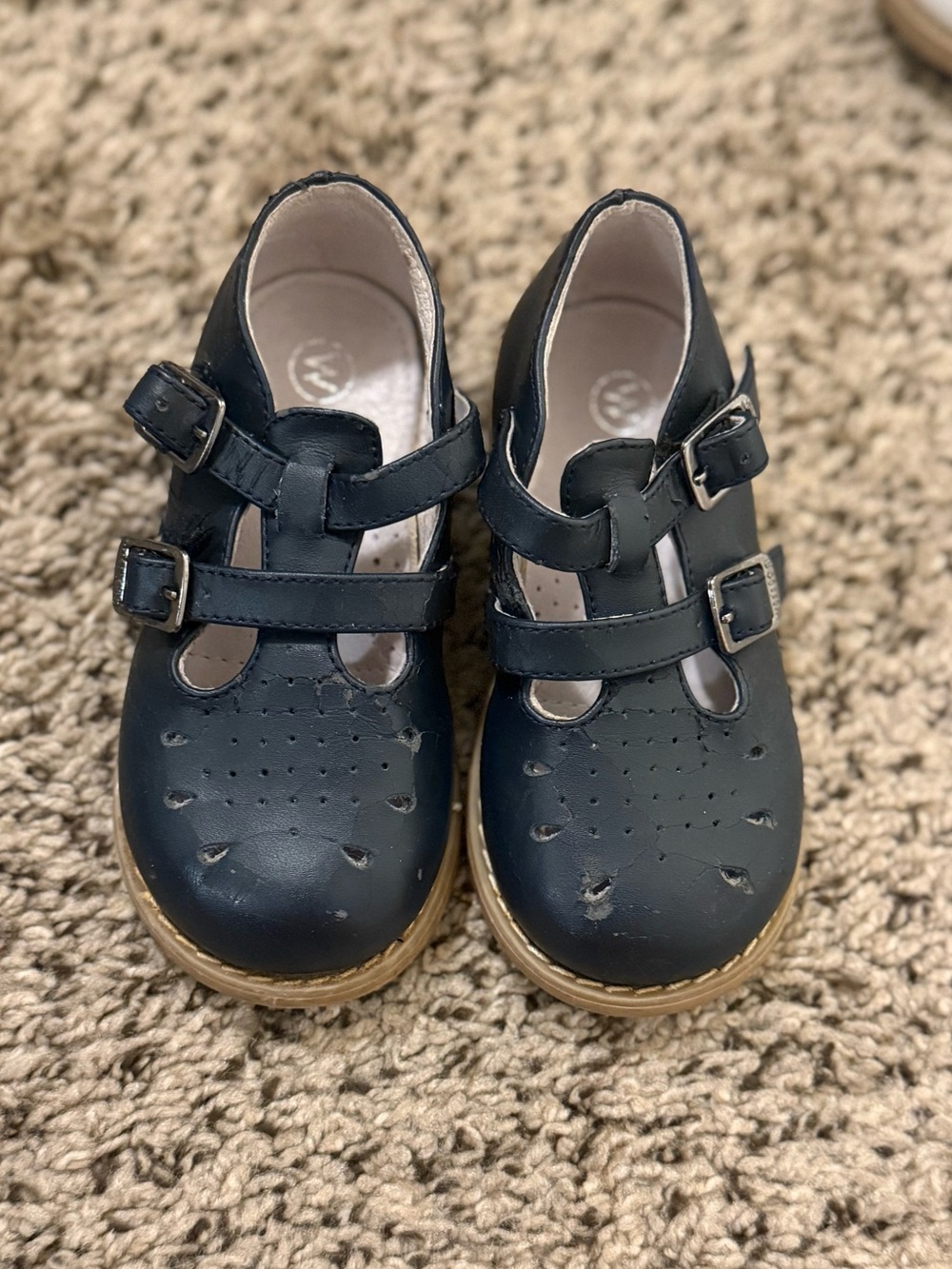 Willits Navy Blue Genuine Leather Girls Classic Double-Strap Dress Shoes EUC